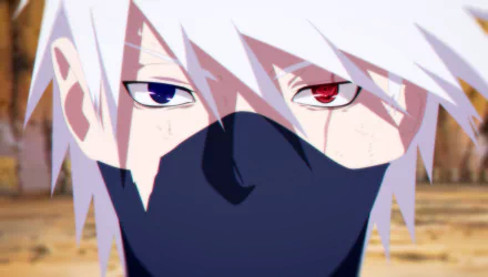 Close-up anime portrait of Kakashi Hatake with heterochromia—one red Sharingan eye and one normal eye—masked face, high-definition PC desktop wallpaper/background.