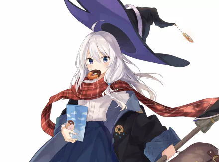 HD anime desktop wallpaper featuring Elaina from Wandering Witch: The Journey of Elaina, showcasing her white hair, witch hat, and red scarf.
