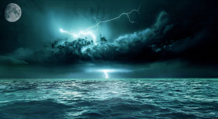 HD desktop wallpaper of a dramatic nature scene featuring a storm over the ocean with dark clouds, lightning, and the moon in the night sky.