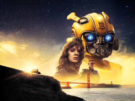 4K Ultra HD PC desktop wallpaper featuring Hailee Steinfeld and Bumblebee from the Transformers movie, set against a dramatic sky with the Golden Gate Bridge below.