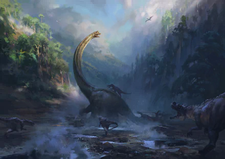 HD PC desktop wallpaper depicting a dramatic prehistoric scene with a towering brachiosaurus and stalking ceratosaurus dinosaurs in a misty, lush valley.