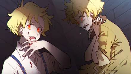 Phillip from Sirius the Jaeger anime HD PC wallpaper: two mirrored pale, fang-bared figures with blood at their mouths, glowing red eyes and clawed hands against a shadowed brick wall.