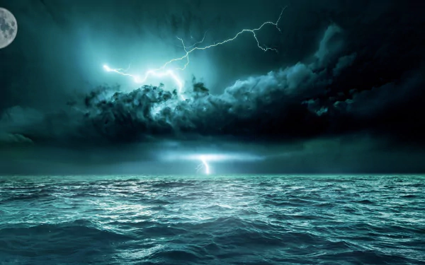 HD desktop wallpaper of a dramatic nature scene featuring a storm over the ocean with dark clouds, lightning, and the moon in the night sky.