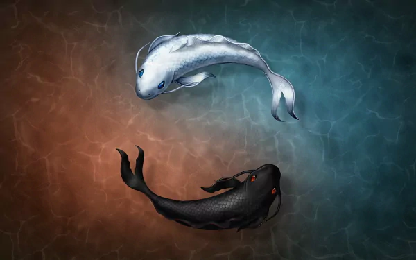 HD PC desktop wallpaper featuring two stylized fish, one white and one black, swimming in a yin-yang formation against a textured blue and brown background.