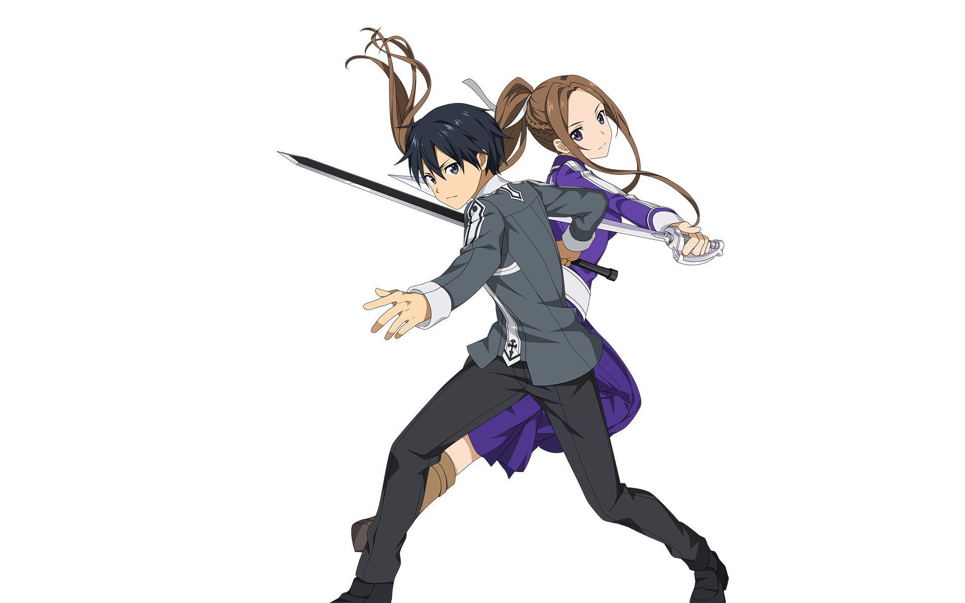 Kirito and Sortiliena Serlut from Sword Art Online: Alicization/Memory Defrag — anime HD PC desktop wallpaper of them back-to-back, swords drawn on a white background.