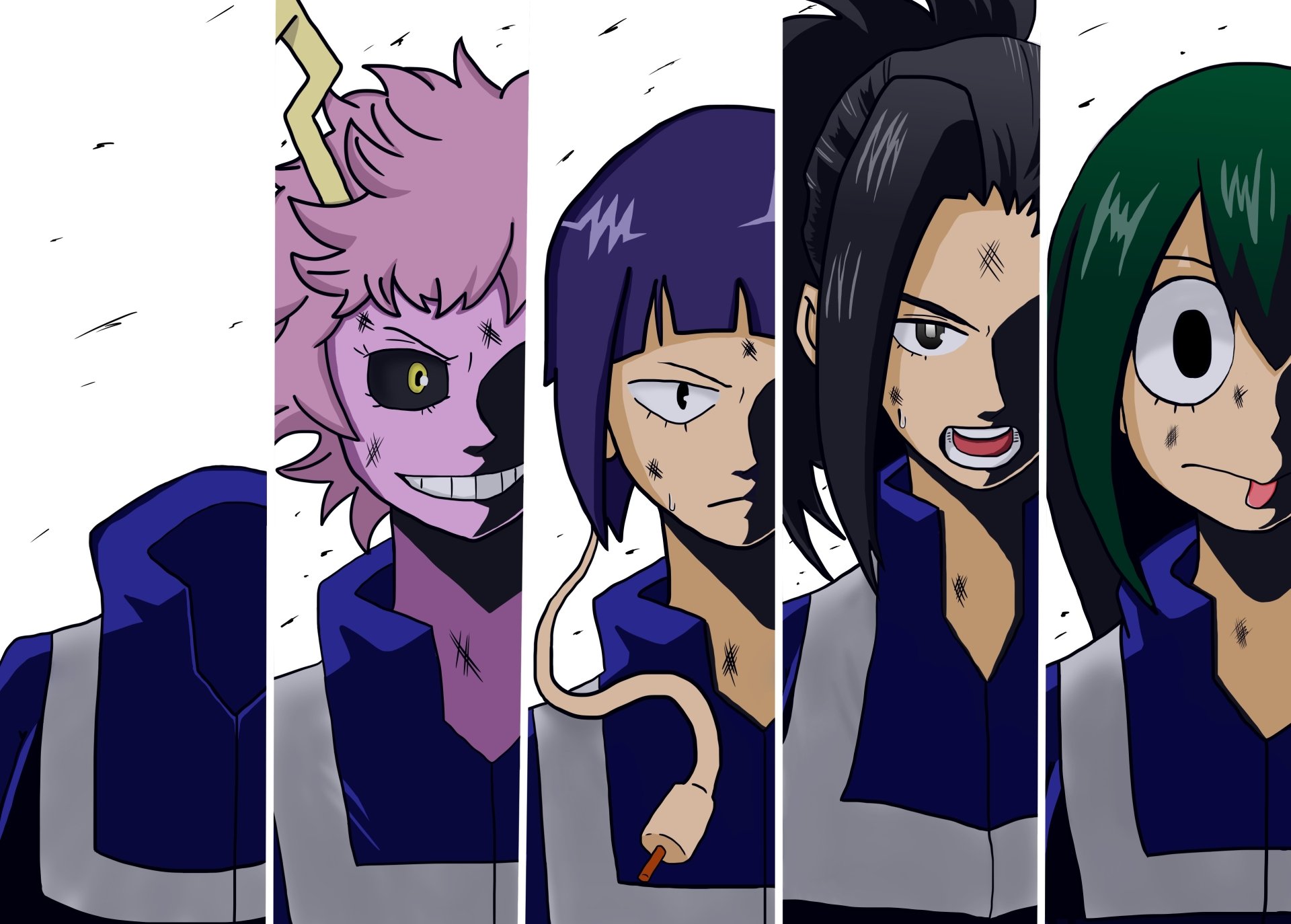 4K Ultra HD PC desktop wallpaper: split-panel anime close-ups of My Hero Academia heroines Mina Ashido, Kyōka Jirō, Momo Yaoyorozu, Tsuyu Asui and Toru Hagakure.