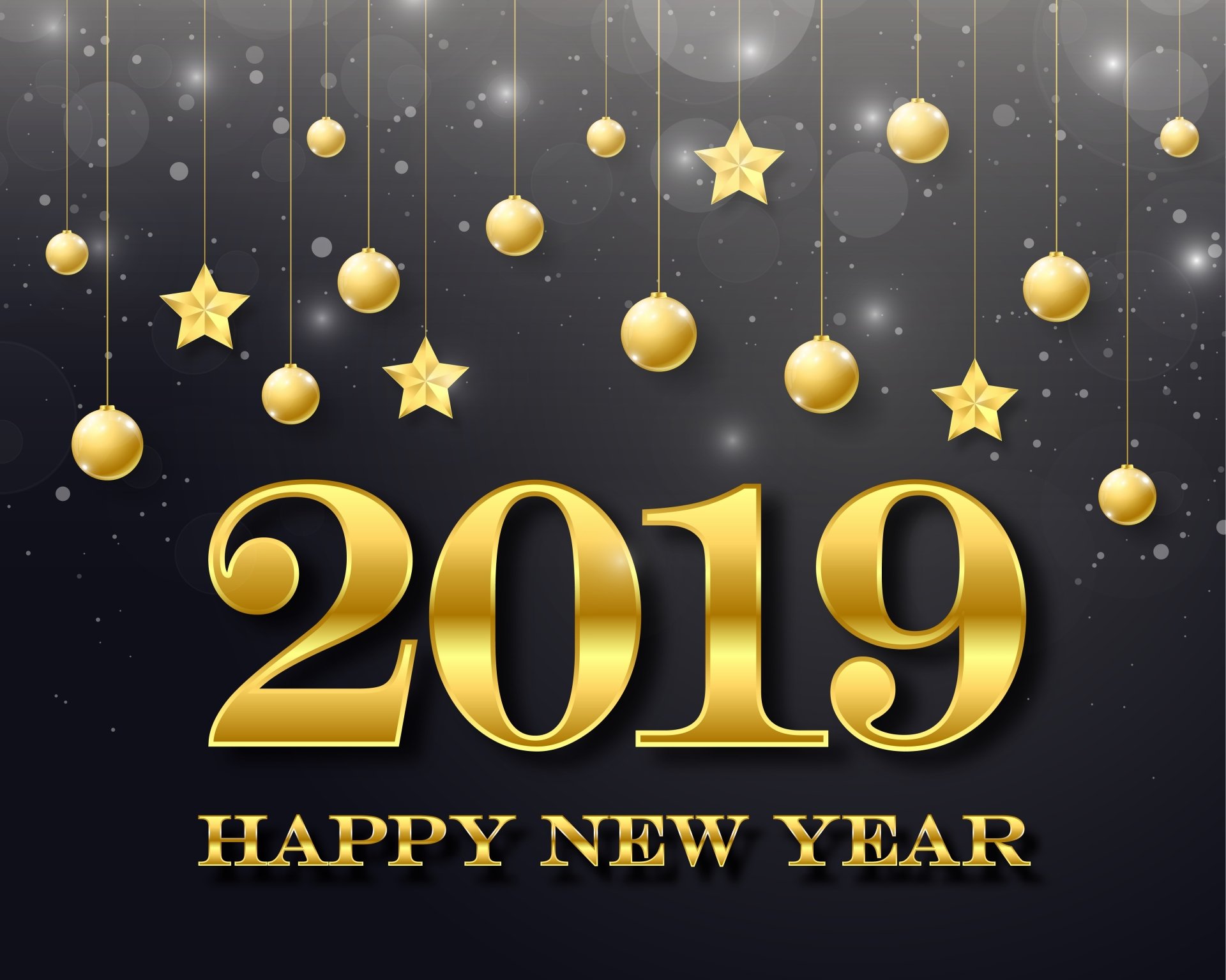 2019 Happy New Year 4K Ultra HD desktop wallpaper features gold baubles and stars hanging against a dark background, celebrating the New Year holiday.