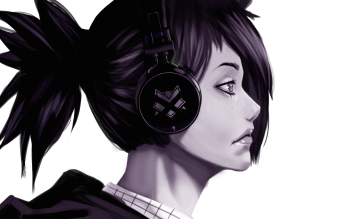 black and white anime girl with headphones