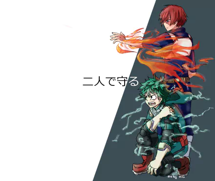 HD PC desktop wallpaper featuring Izuku Midoriya and Shoto Todoroki from the anime My Hero Academia, showcasing their powers with dynamic flames and electricity.