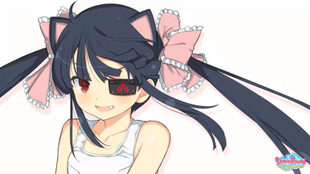 HD PC desktop wallpaper featuring a character from the video game SENRAN KAGURA Peach Beach Splash with dark hair, cat ears, and a playful expression.