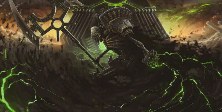 HD PC desktop wallpaper featuring a Warhammer 40k Necron Lord surrounded by green energy in a dark, ominous battlefield from the Warhammer 40k video game universe.