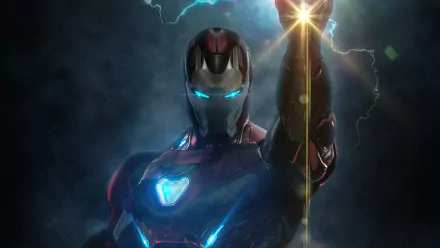 HD desktop wallpaper featuring Iron Man from the movie Avengers: Endgame, tagged with Tony Stark. The image shows Iron Man wearing his suit, holding an energized artifact against a dark, stormy background.