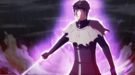 Sōsuke Aizen from Bleach stands in the rain with sword drawn, bathed in a menacing purple aura — HD anime desktop wallpaper.