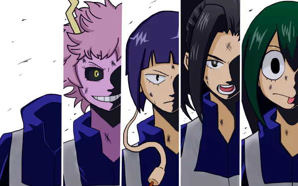 4K Ultra HD PC desktop wallpaper: split-panel anime close-ups of My Hero Academia heroines Mina Ashido, Kyōka Jirō, Momo Yaoyorozu, Tsuyu Asui and Toru Hagakure.