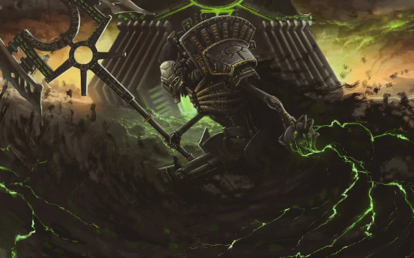 HD PC desktop wallpaper featuring a Warhammer 40k Necron Lord surrounded by green energy in a dark, ominous battlefield from the Warhammer 40k video game universe.