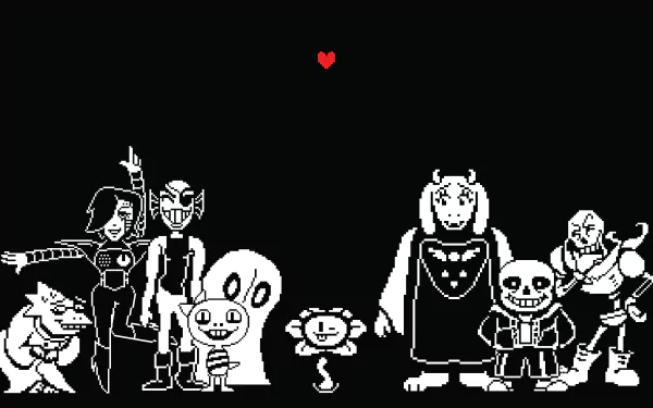 4K Ultra HD Undertale video game wallpaper featuring key characters in pixel art style against a black background with a red heart above them.