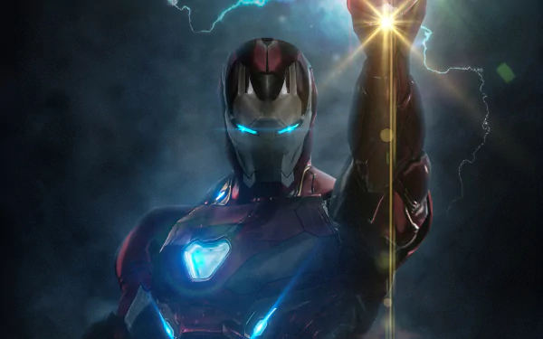 HD desktop wallpaper featuring Iron Man from the movie Avengers: Endgame, tagged with Tony Stark. The image shows Iron Man wearing his suit, holding an energized artifact against a dark, stormy background.