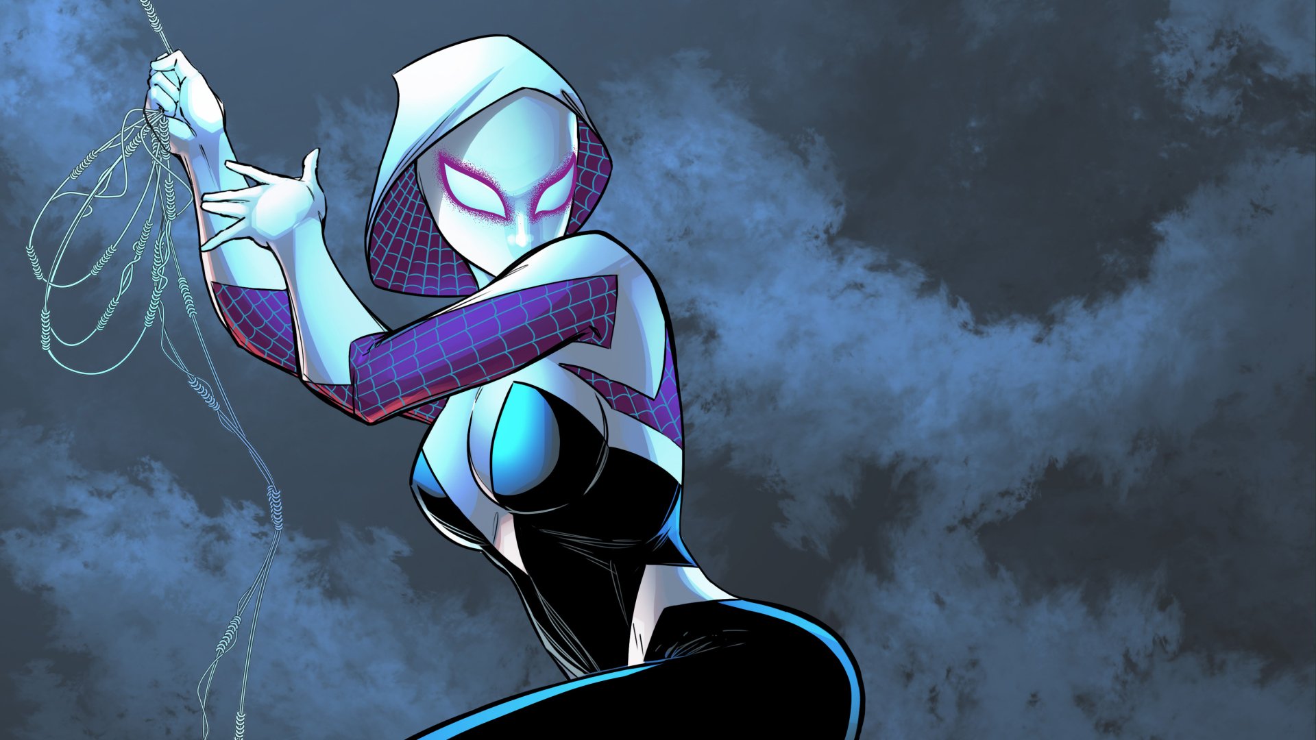 A dynamic Spider-Gwen comic character poses against a moody backdrop, showcasing her signature style. This HD PC desktop wallpaper adds a vibrant touch to any background.