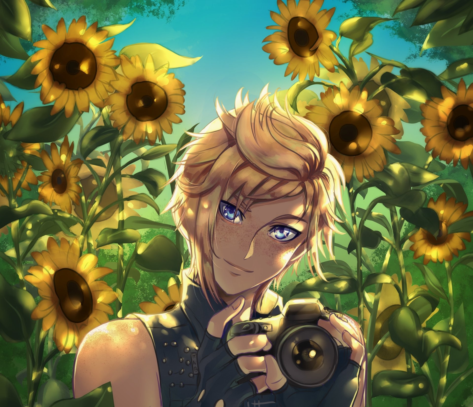 4K Ultra HD PC desktop wallpaper of Prompto from the video game Final Fantasy XV — smiling blond photographer among sunflowers bathed in warm golden light.