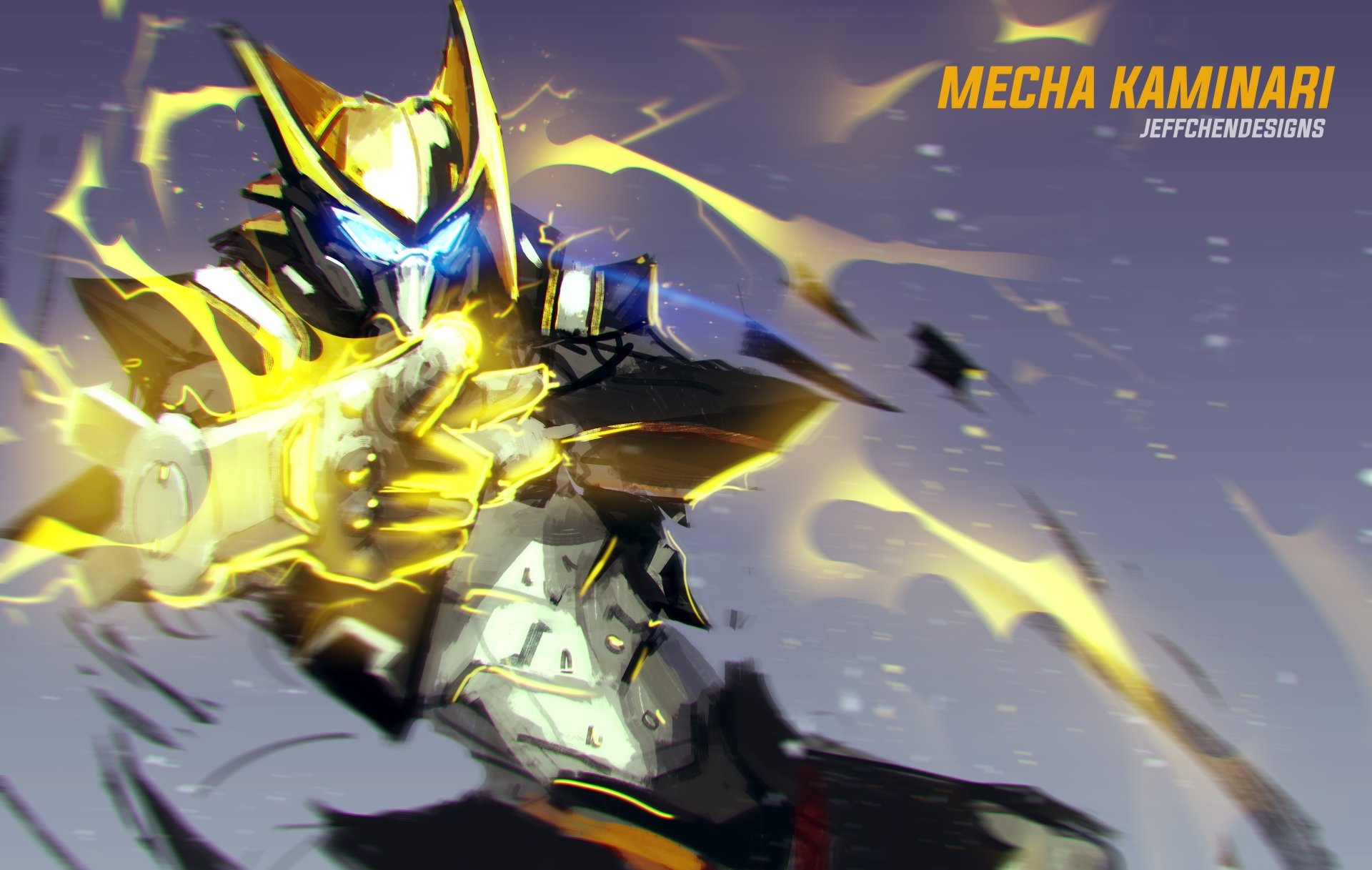 HD desktop wallpaper featuring a mecha-themed Denki Kaminari from the anime My Hero Academia, showcasing dynamic action and vibrant energy effects.