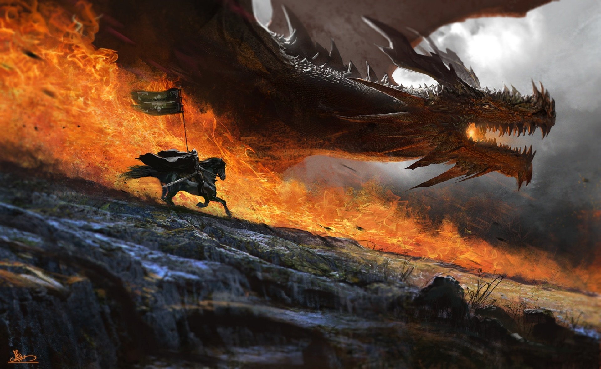 A fantasy warrior Knight holding a banner faces a massive fire-breathing dragon amidst blazing flames in this HD PC desktop wallpaper background.