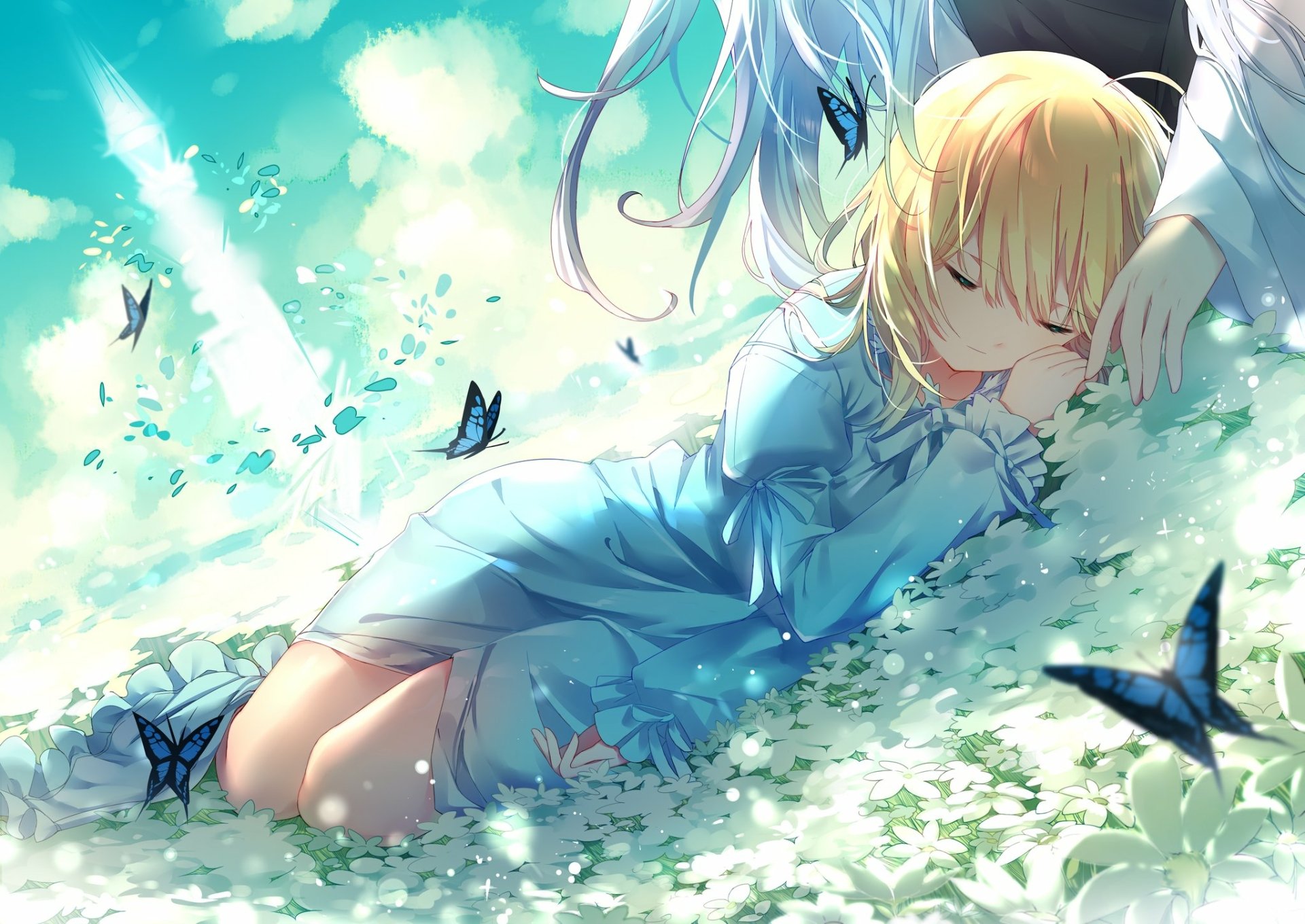 HD desktop wallpaper and background featuring Artoria Pendragon (Saber) from the Fate Series, laying peacefully on the grass surrounded by butterflies, with Merlin in the background. Anime style.