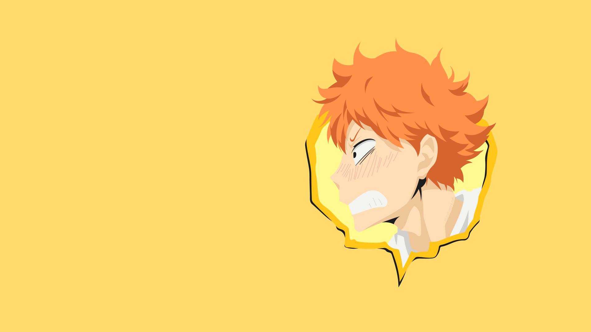 Shōyō Hinata from Haikyū!! in a dynamic pose against a solid yellow background, rendered in 4K Ultra HD for PC desktop wallpaper use.