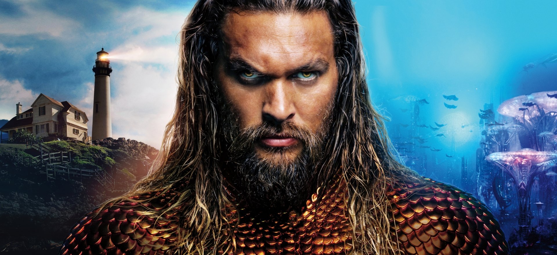 Jason Momoa as Aquaman in a striking 8K Ultra HD wallpaper, showcasing his powerful presence against an oceanic backdrop. A vibrant tribute to the iconic movie character.