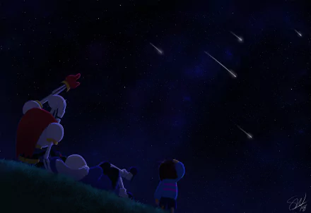 HD PC desktop wallpaper featuring Papyrus, Frisk, and Sans from the video game Undertale gazing at a starry sky with shooting stars.