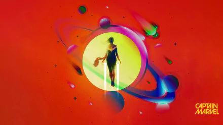 4K Ultra HD Captain Marvel movie desktop wallpaper: neon silhouette centered in a glowing planet with rings against a vivid red backdrop.