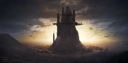 HD PC desktop wallpaper featuring a towering sci-fi building rising from a vast landscape under a dramatic sky at sunset.