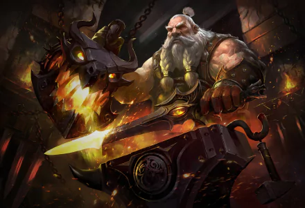 HD PC desktop wallpaper of a bearded fantasy dwarf hammering a glowing sword in a fiery forge.