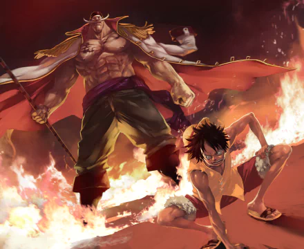 A high-definition desktop wallpaper featuring Monkey D. Luffy and Edward Newgate from the anime One Piece, with intense flames in the background, creating a dynamic and energetic scene.