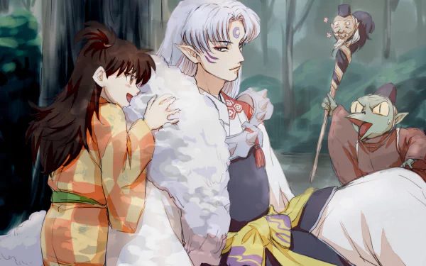 HD anime desktop wallpaper featuring Rin and Sesshōmaru from InuYasha in a forest scene with Kirara and Jaken nearby.