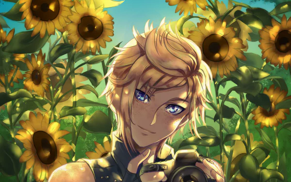 4K Ultra HD PC desktop wallpaper of Prompto from the video game Final Fantasy XV — smiling blond photographer among sunflowers bathed in warm golden light.