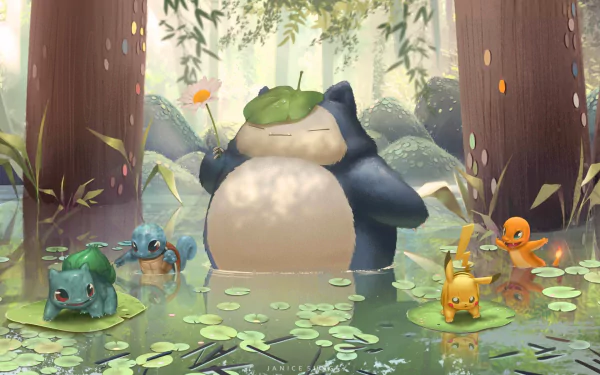 HD desktop wallpaper featuring Snorlax, Squirtle, Pikachu, Charmander, and Bulbasaur in an anime-style forest setting with a tranquil pond.