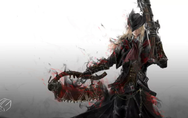 A dramatic 4K Ultra HD wallpaper featuring a character from the video game Bloodborne, wielding a unique weapon, surrounded by mist and elements of a dark fantasy atmosphere.