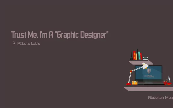 HD PC desktop wallpaper (Misc): minimalist graphic designer statement 'Trust Me, I'm A Graphic Designer' on a muted brown background with an illustrated desk, monitor, lamp and books.