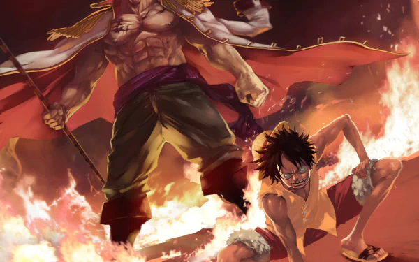 A high-definition desktop wallpaper featuring Monkey D. Luffy and Edward Newgate from the anime One Piece, with intense flames in the background, creating a dynamic and energetic scene.