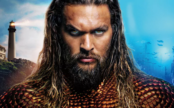Jason Momoa as Aquaman in a striking 8K Ultra HD wallpaper, showcasing his powerful presence against an oceanic backdrop. A vibrant tribute to the iconic movie character.