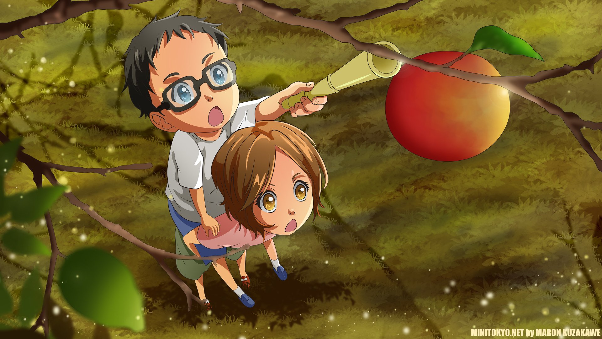 4K UHD PC desktop anime wallpaper: Kousei Arima (with glasses) and Tsubaki Sawabe reaching for a large red apple on a sunlit branch, Your Lie in April.