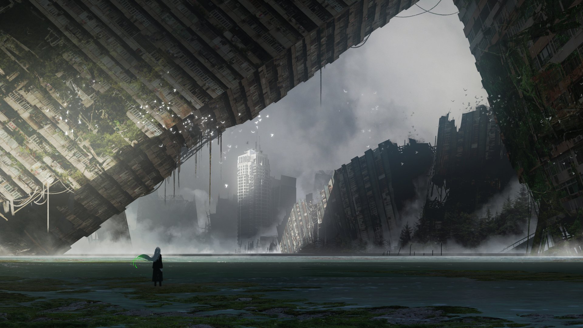 HD anime wallpaper featuring a lone figure in a post-apocalyptic landscape with looming, broken structures and a misty, desolate atmosphere.