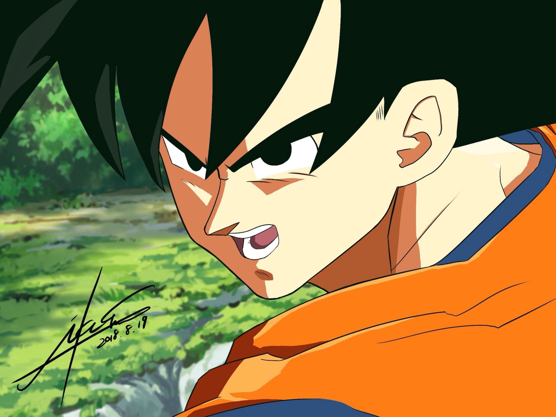 HD PC desktop wallpaper of Goku from Dragon Ball Z — close-up anime portrait with a determined expression against a lush green forest background.