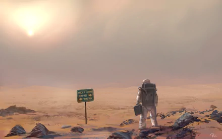Sci-fi HD PC desktop wallpaper and background: lone astronaut in a spacesuit stands on a rocky alien desert beside a weathered sign under a pale sun.