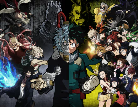 HD desktop wallpaper featuring vibrant characters from My Hero Academia in dynamic action poses, with a dark, detailed backdrop.