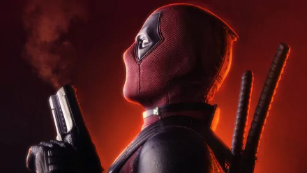 HD PC desktop wallpaper featuring Deadpool from the movie Deadpool 2, shown in profile with a gun and swords against a fiery red background.