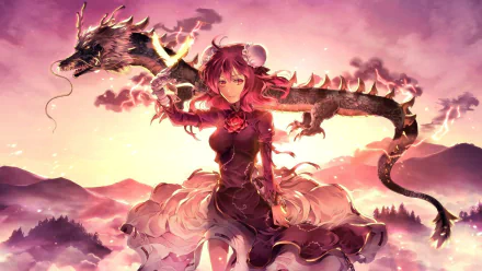 HD PC desktop wallpaper featuring Kasen Ibaraki from Touhou, depicted with a glowing dragon against a vibrant sunset anime-style background.