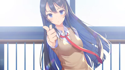 HD wallpaper of Mai Sakurajima from the anime Rascal Does Not Dream of Bunny Girl Senpai, featuring her in a school uniform pointing forward.