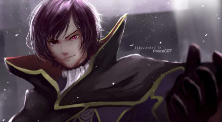 HD anime desktop wallpaper featuring Lelouch Lamperouge from Code Geass with intense red eyes, dark cloak, and confident expression in a dynamic pose.