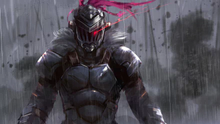 HD wallpaper depicting an anime character from Goblin Slayer in detailed armor and helmet, standing in the rain with a stern, intense expression.